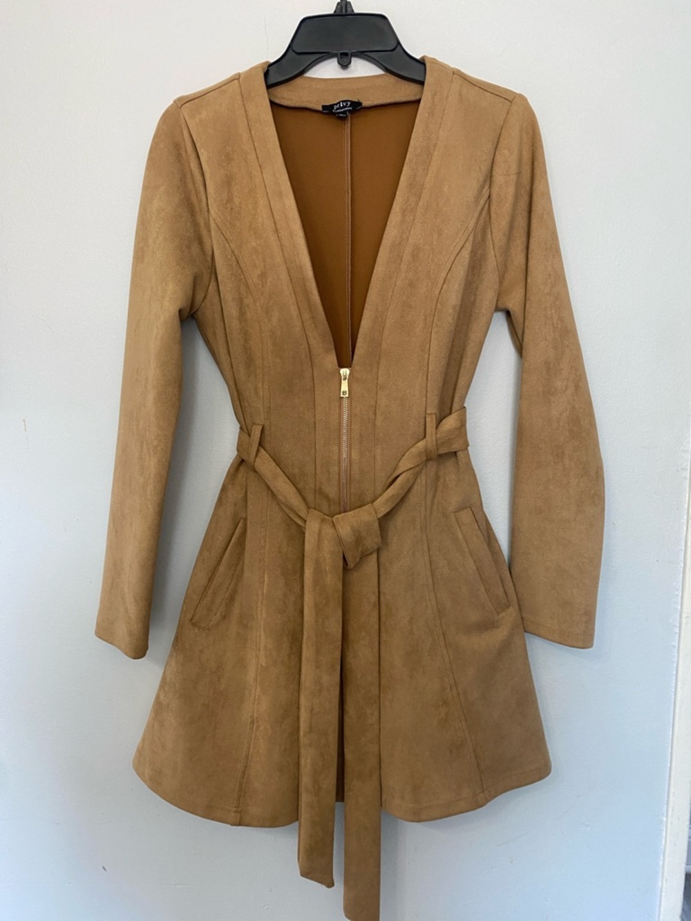 PRIVY Woman’s Camel Soft Suede Feel Tie-Waist Dress LARGE
